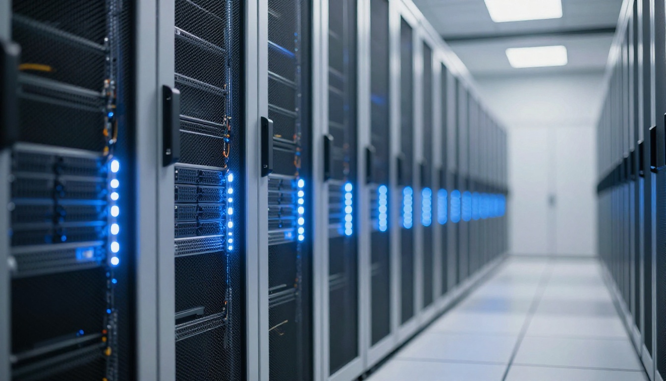 Server infrastructure corridor with rack-mounted hardware
