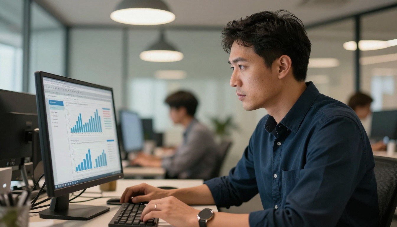 Business analyst reviewing a data dashboard in a bright open office