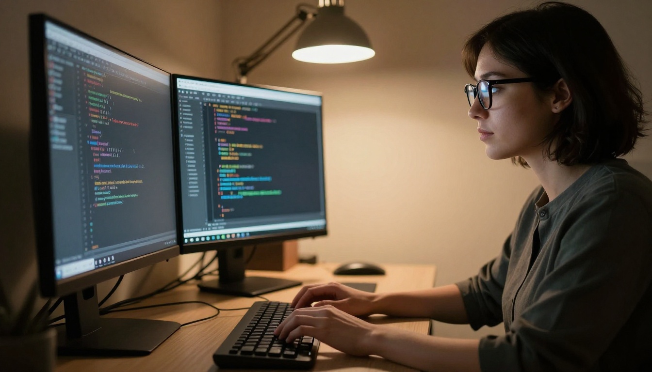 Female software engineer coding at night with screen glow illuminating her face