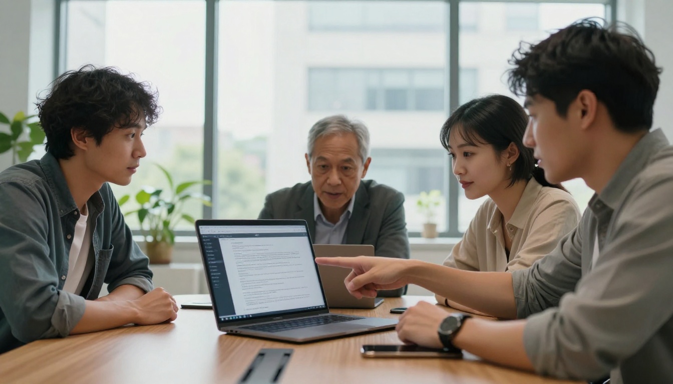 Diverse team collaborating around a laptop in a bright modern office