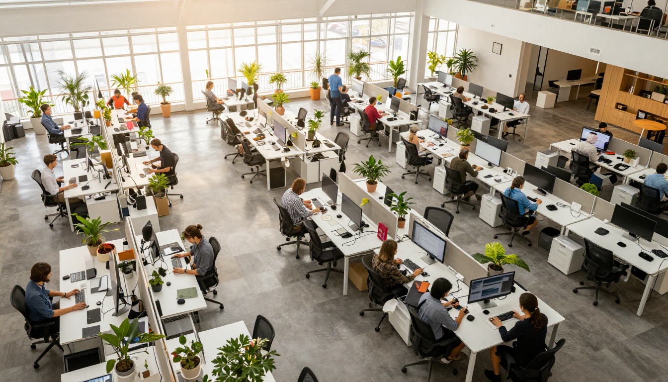Aerial view of a modern open-plan tech office with rows of desks and natural skylight