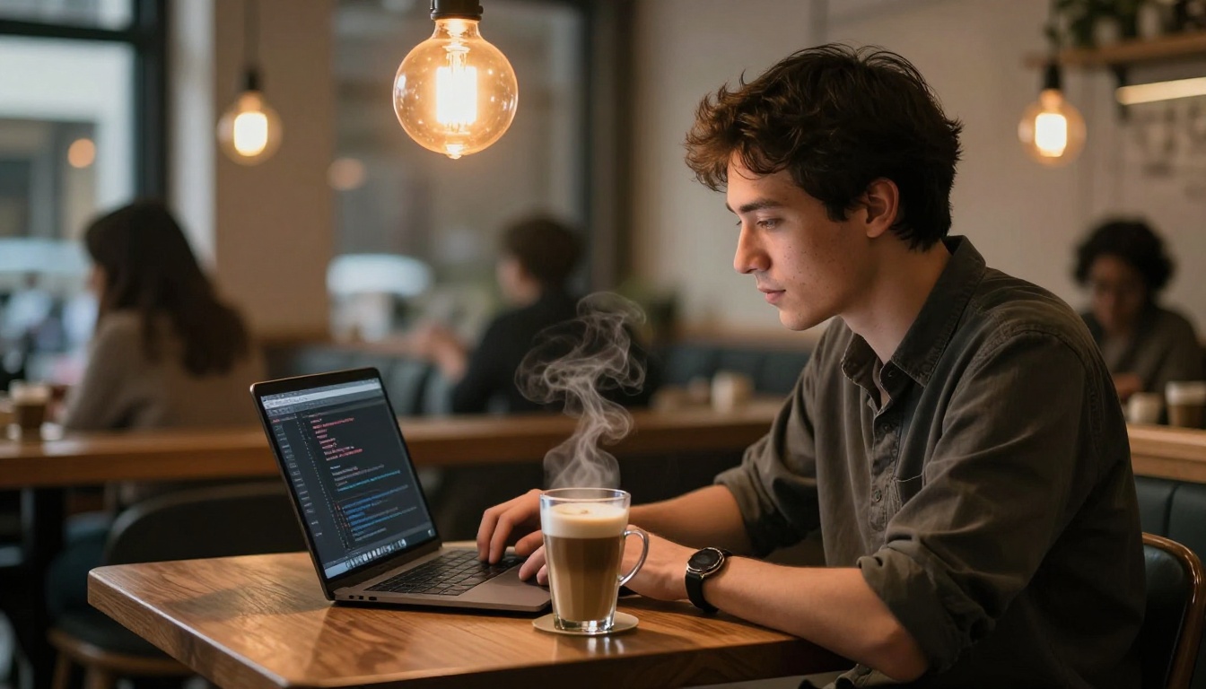 Freelance developer working from a cozy café with AI coding assistant on laptop