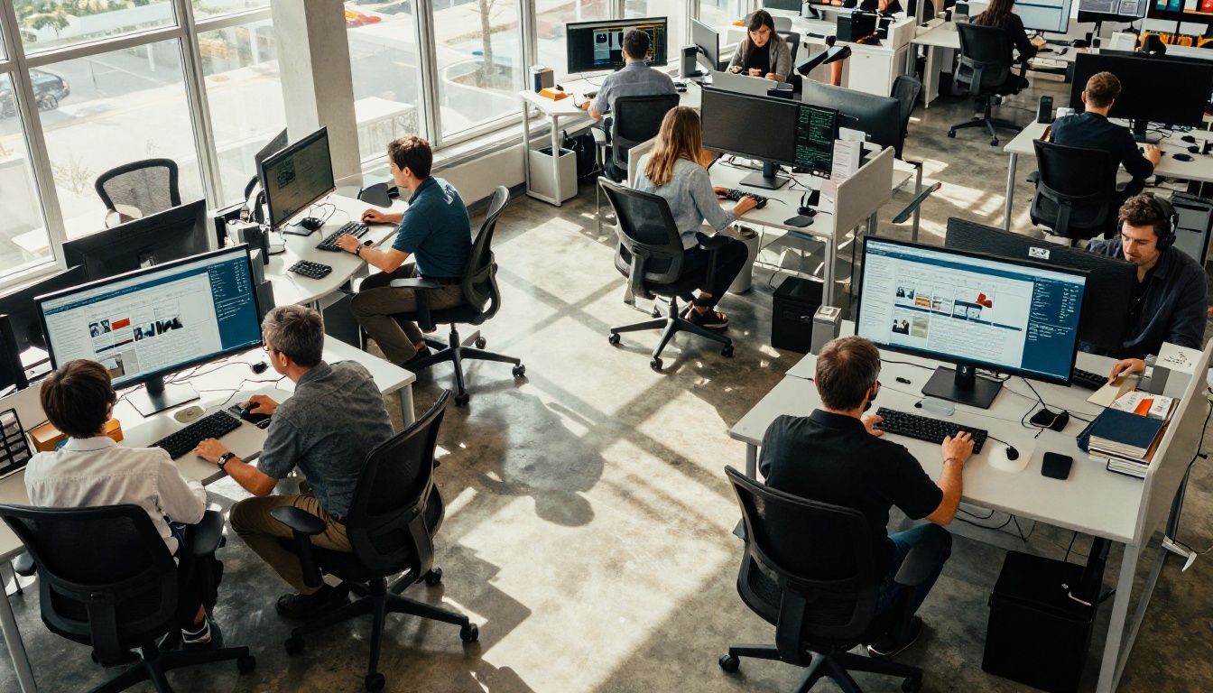 A busy open-plan newsroom with multiple journalists at standing desks, morning light streaming through industrial skylights