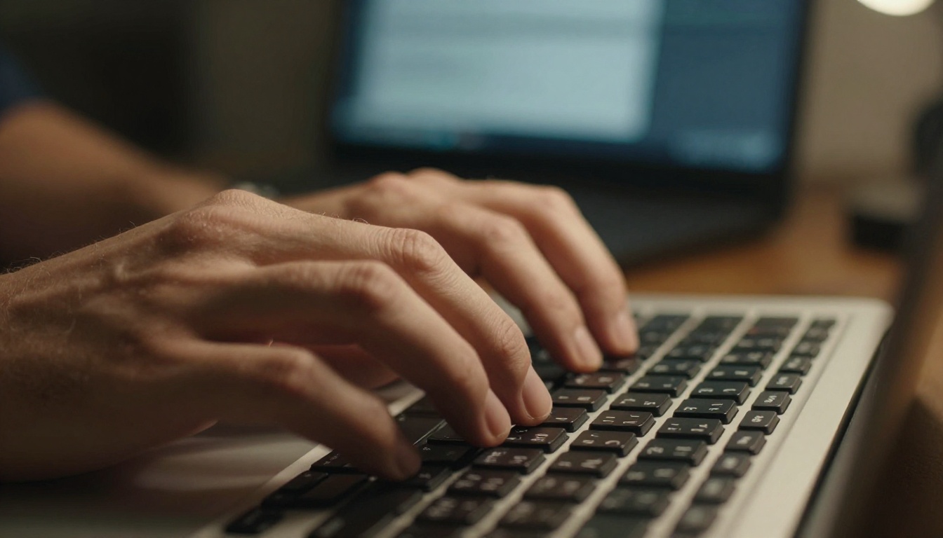 Hands typing on a mechanical keyboard, monitor with terminal text in soft bokeh background