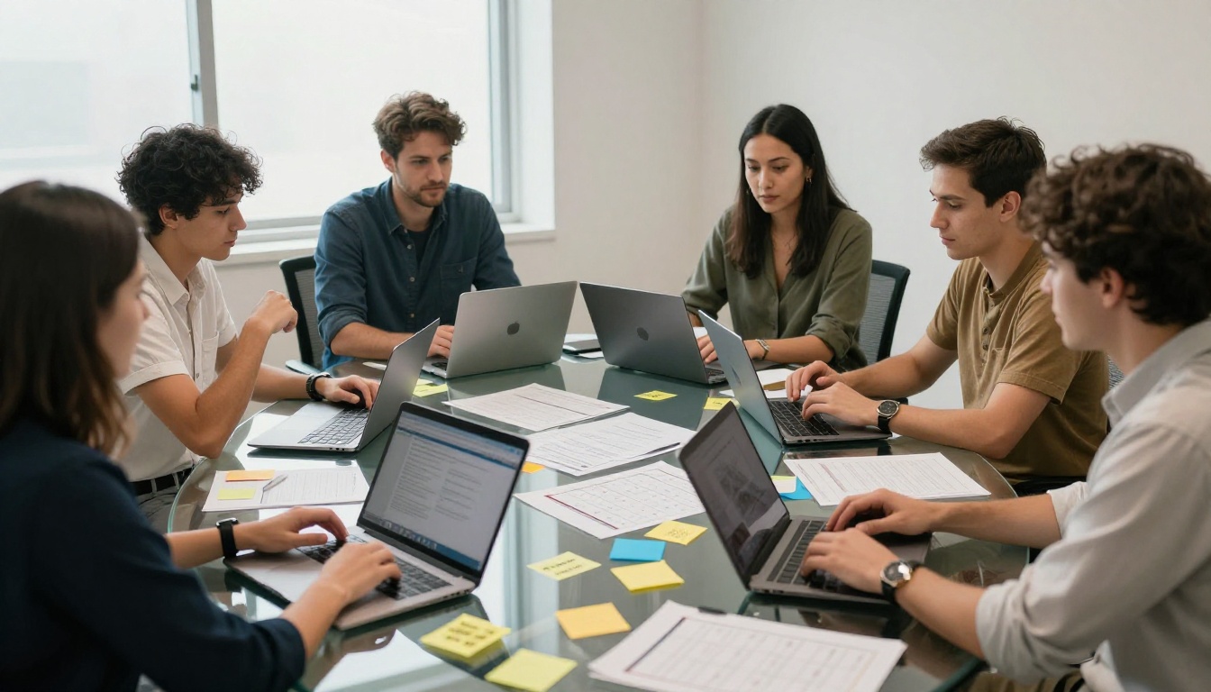 Content strategy team meeting around a conference table with printed editorial calendars and sticky notes
