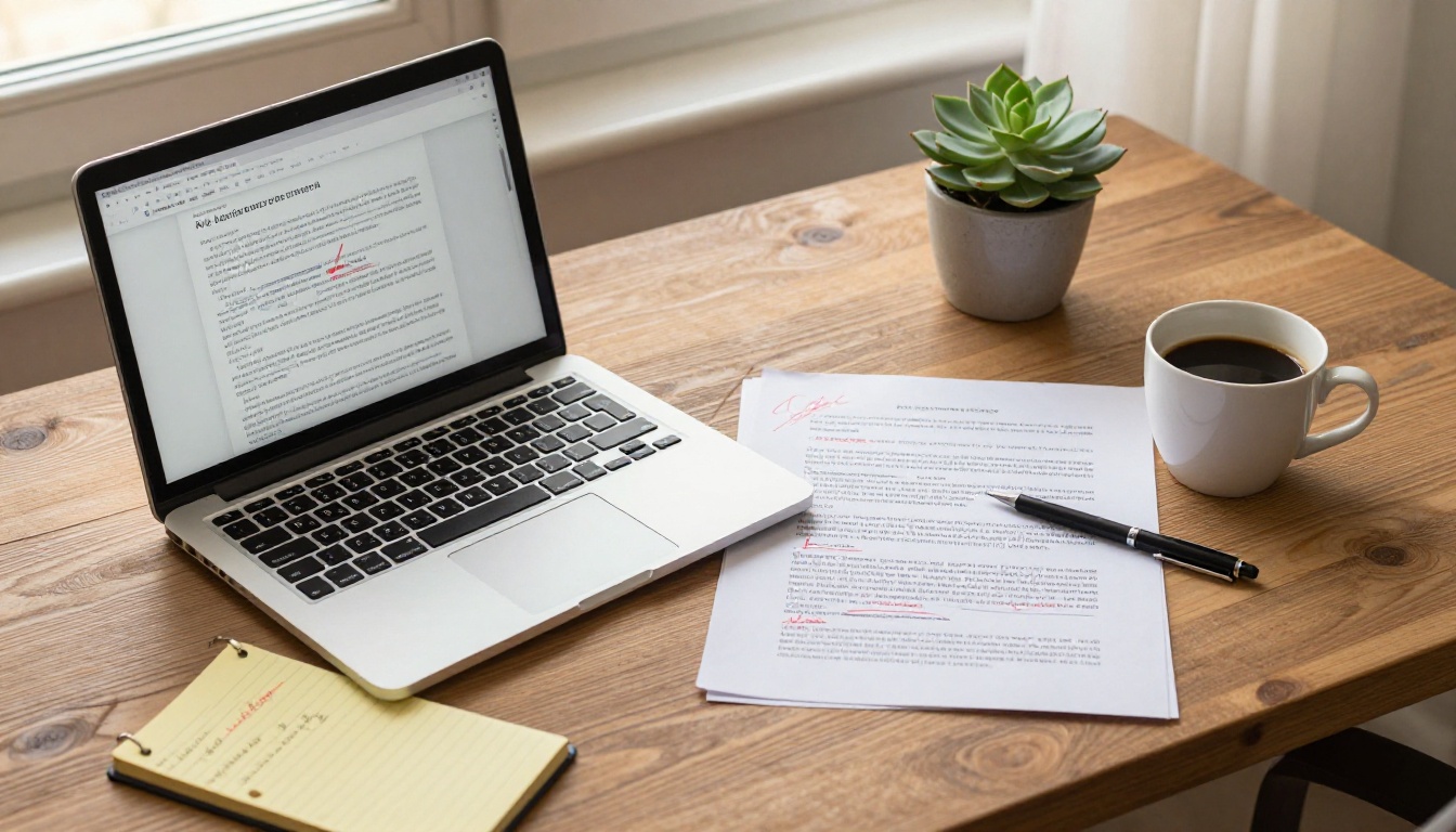 Overhead flat-lay of a writer's wooden desk with silver laptop, printed AI article drafts, red pen annotations, espresso, and handwritten legal pad notes