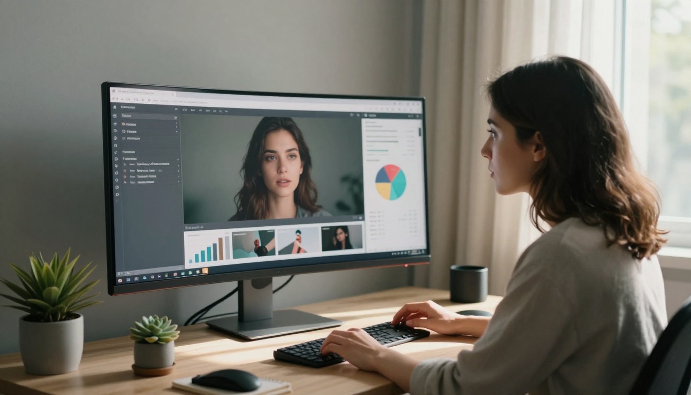 A woman reviewing content analytics on a large curved ultrawide monitor, natural window light from the right side