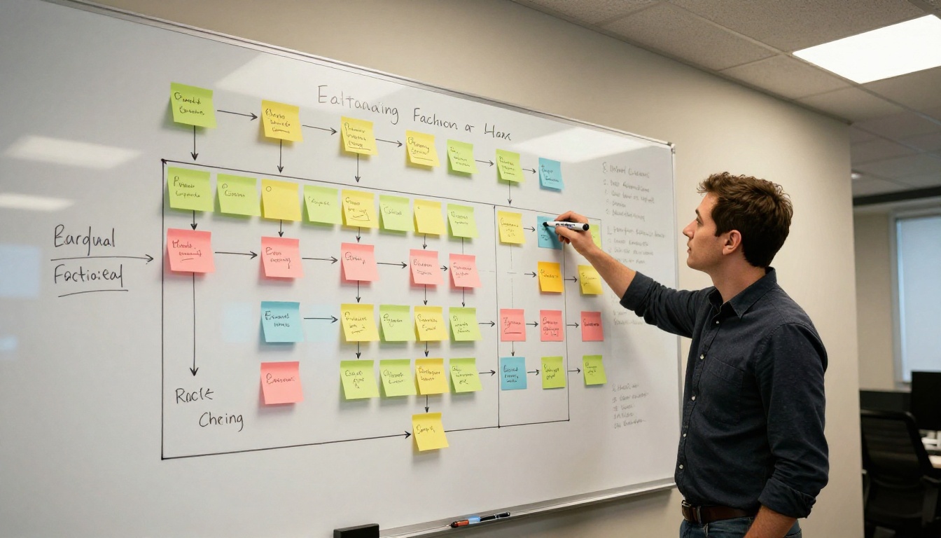 A content strategist standing at a large whiteboard with a detailed editorial workflow diagram and multicolor sticky notes