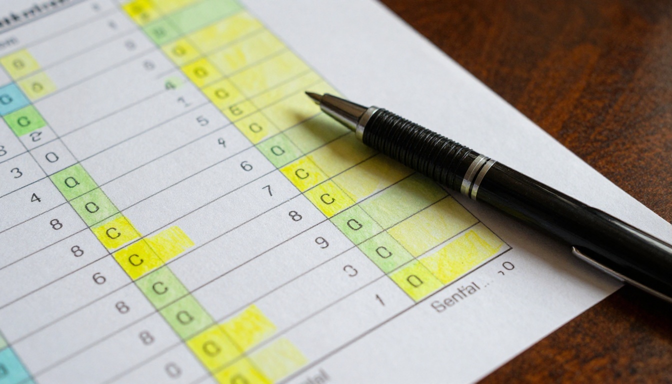 Close-up of a printed model comparison table with highlighted rows in yellow and green marker on a walnut desk