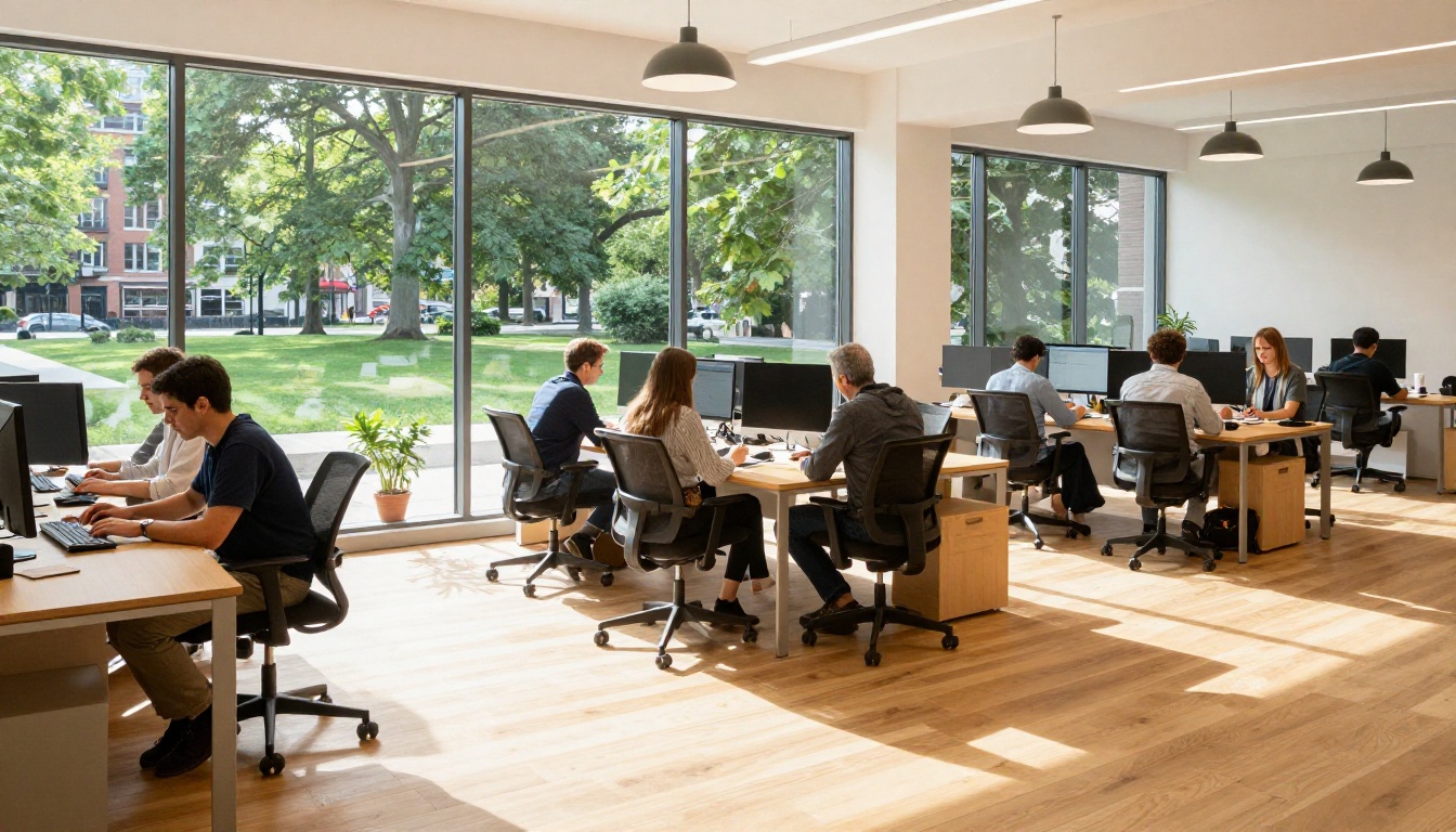Modern open publishing office with floor-to-ceiling windows, a team of writers at individual desks in bright morning daylight