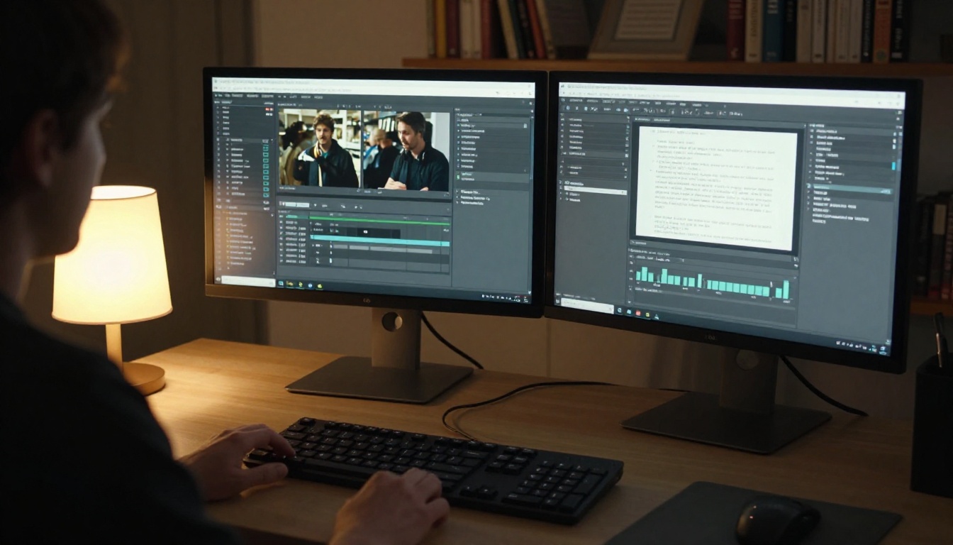 Creative professional at a dual monitor setup in warm amber desk lamp light, dark bookshelves visible in background