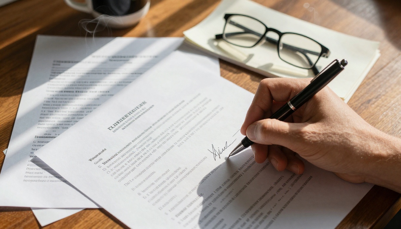 Document automation desk with contracts and laptop