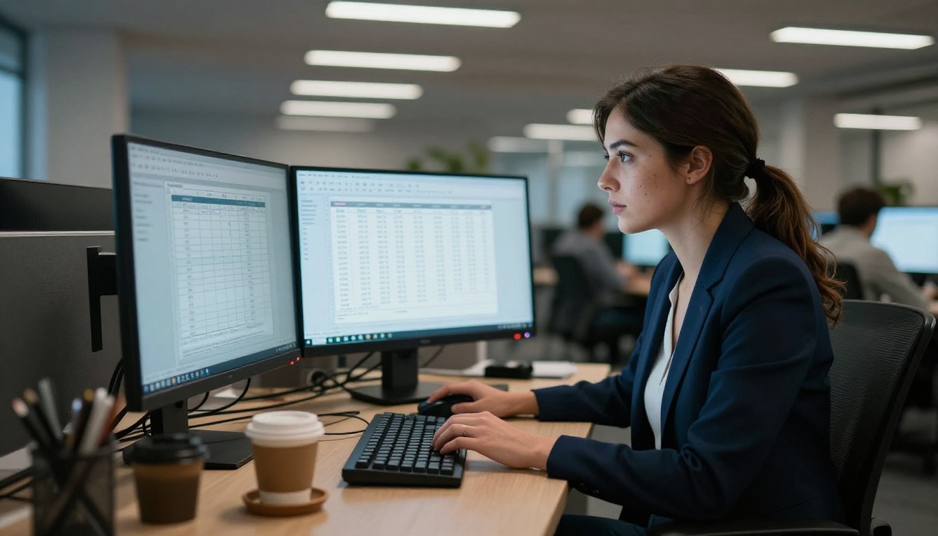 Data analyst at dual-monitor workstation extracting invoice data