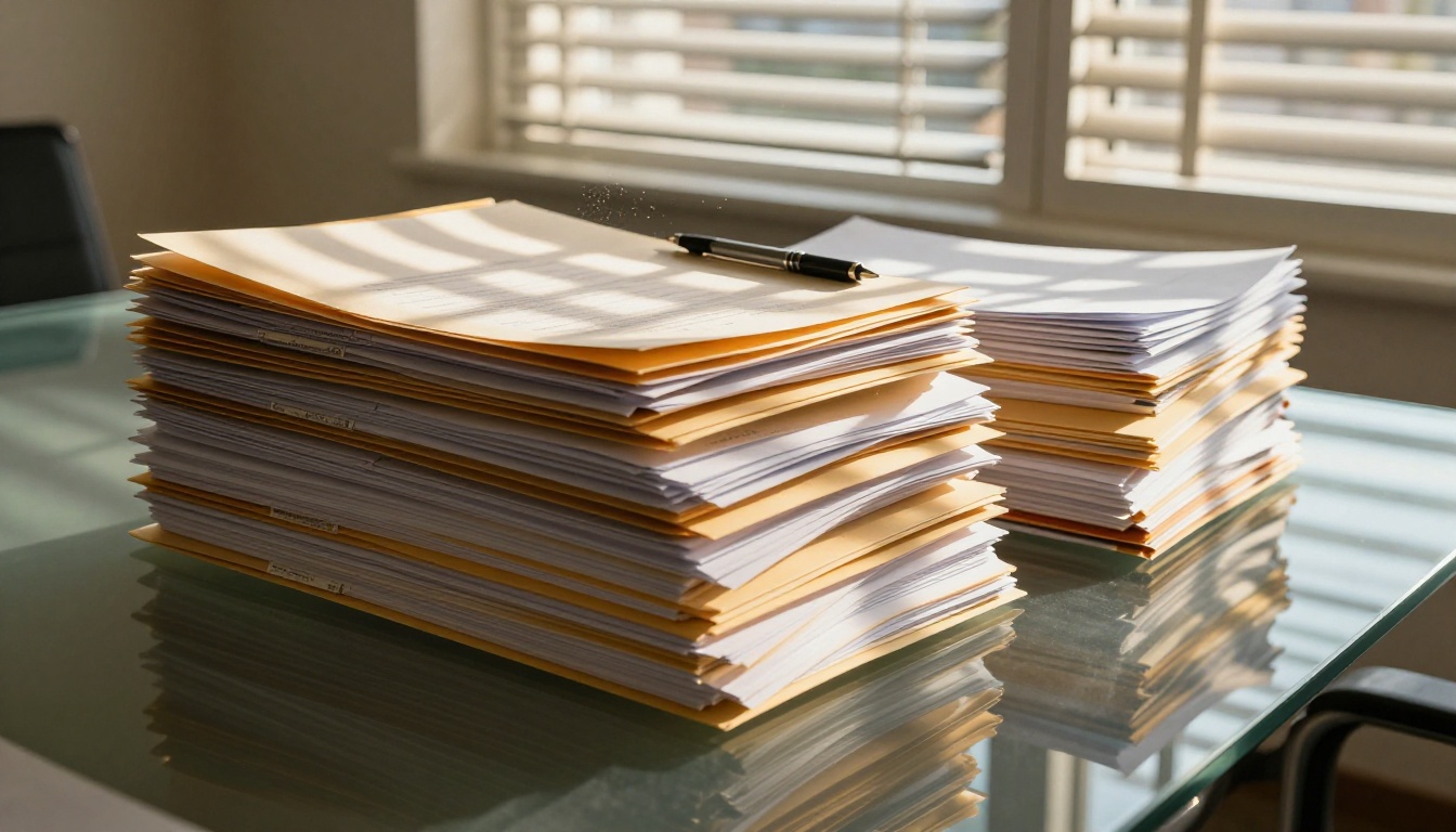 Stack of contracts and manila folders on conference table