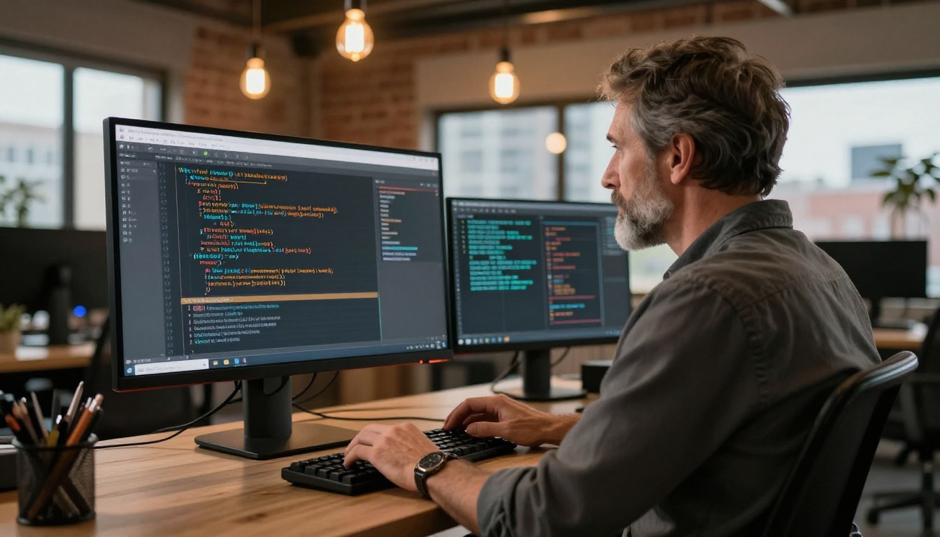 Developer reviewing Python document parsing code on widescreen monitor