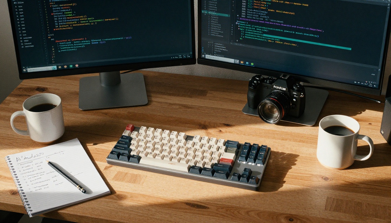 Overhead flat-lay of developer workspace with mechanical keyboard and code editors on dual monitors