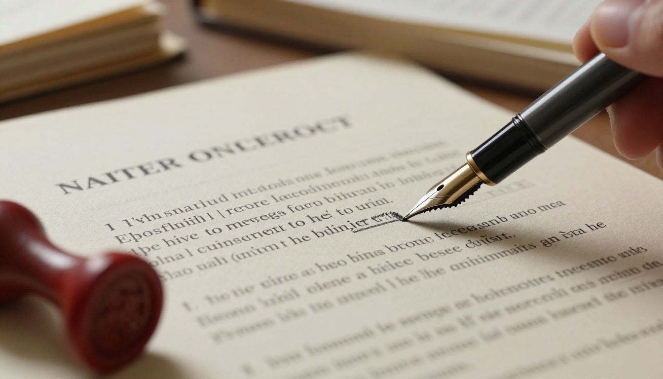 Legal contract with fountain pen and wax seal close-up