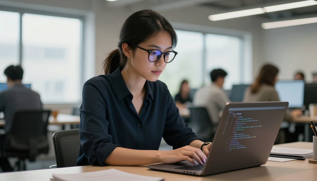 Developer at standing desk typing rapidly with open-plan office behind her