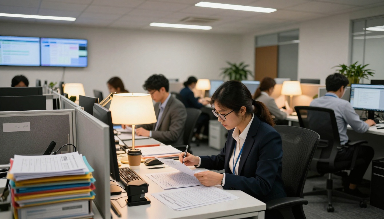 Corporate accounting office with invoice review