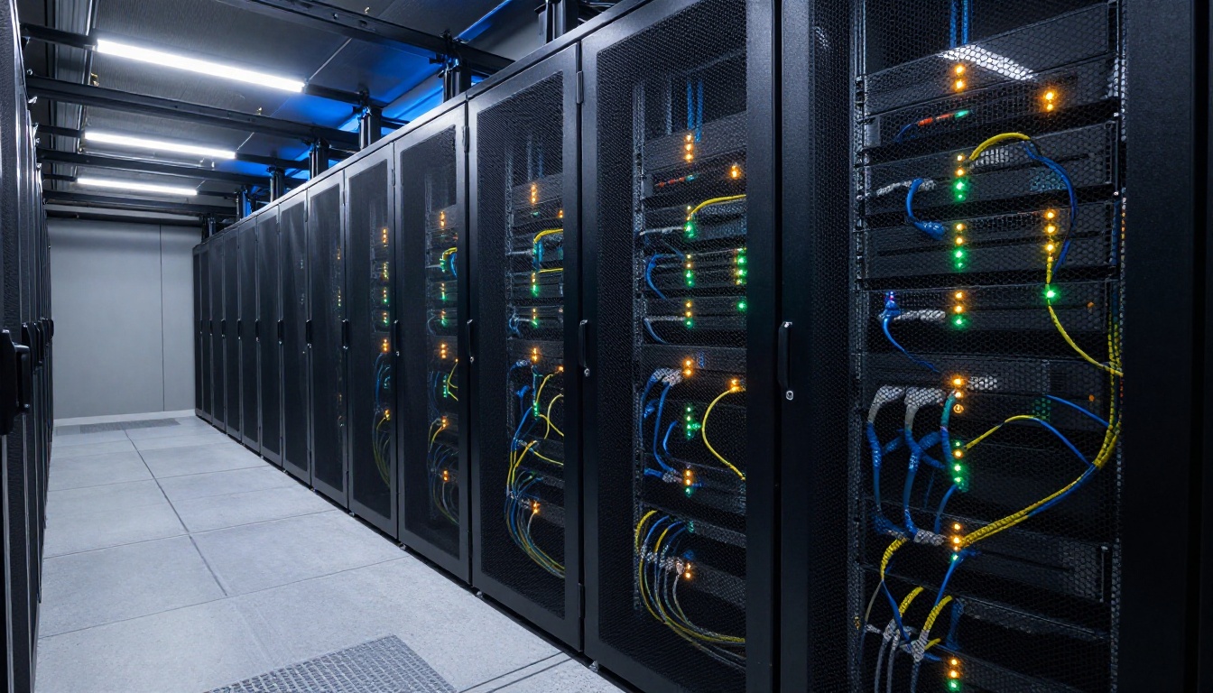 Modern data center server racks with status lights and fiber optic cables