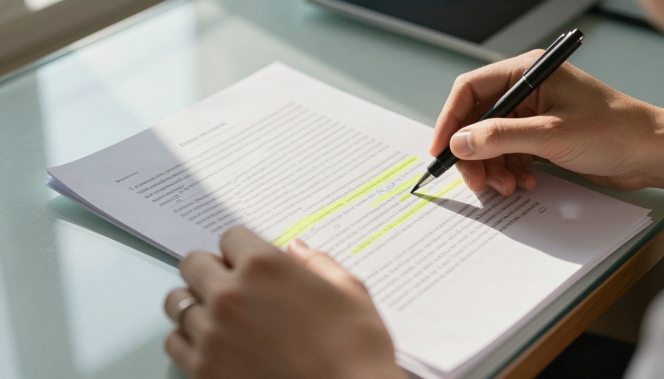 Hands holding highlighted research document on glass desk with trackpad