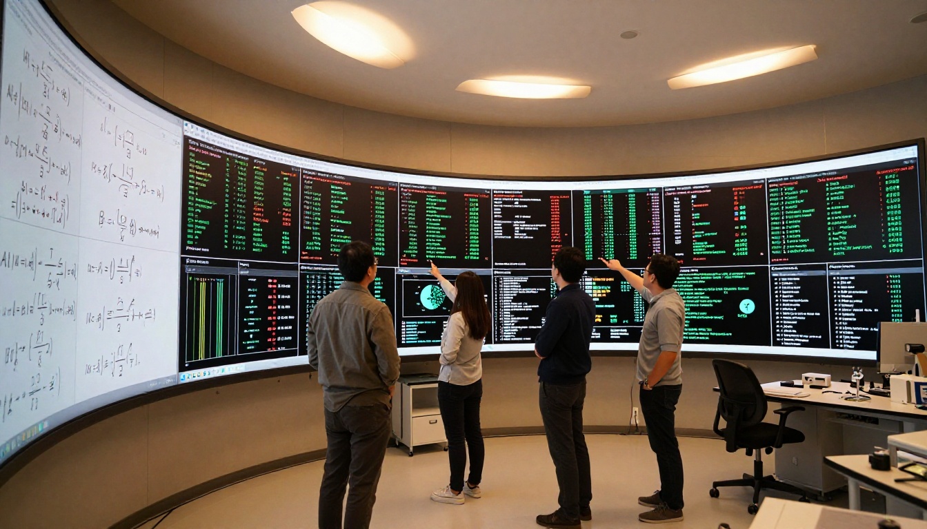 Research team collaborating around large curved AI display in modern lab