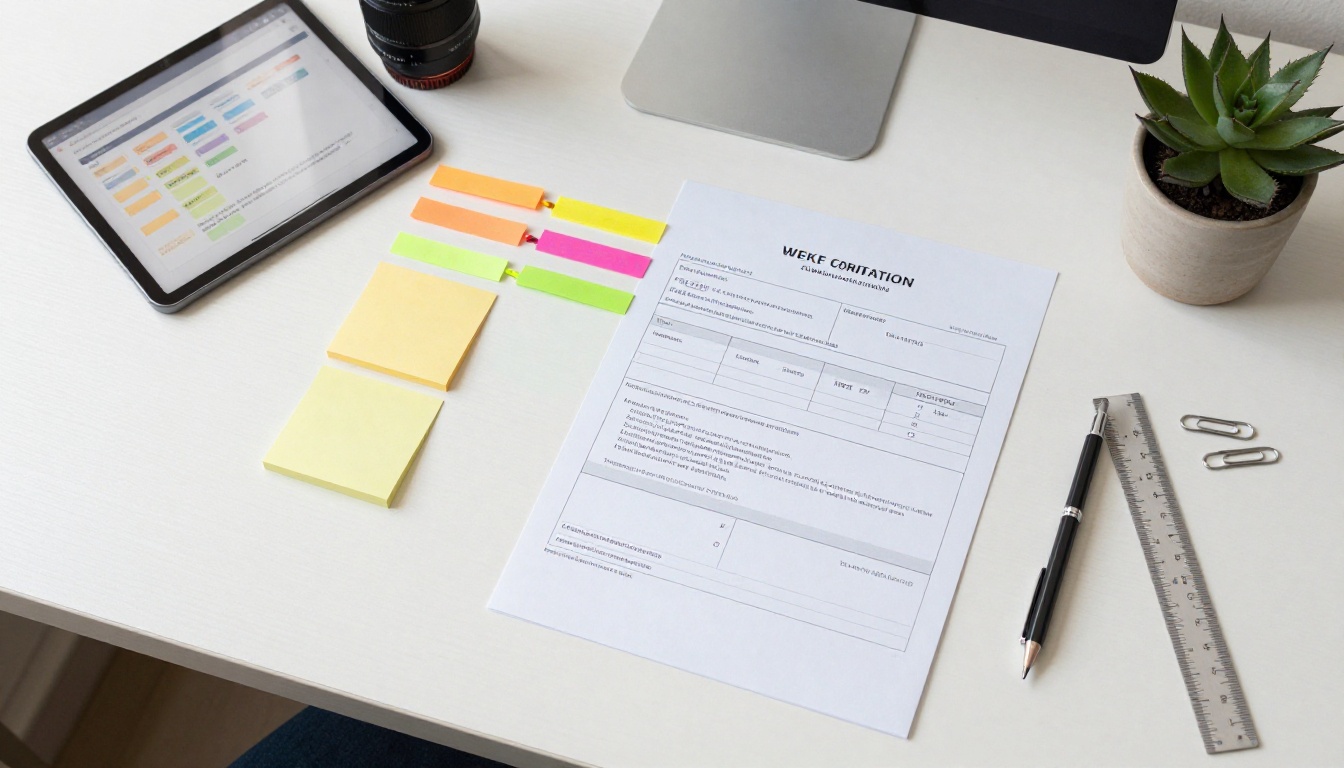 Minimalist desk flat lay with tablet and documents