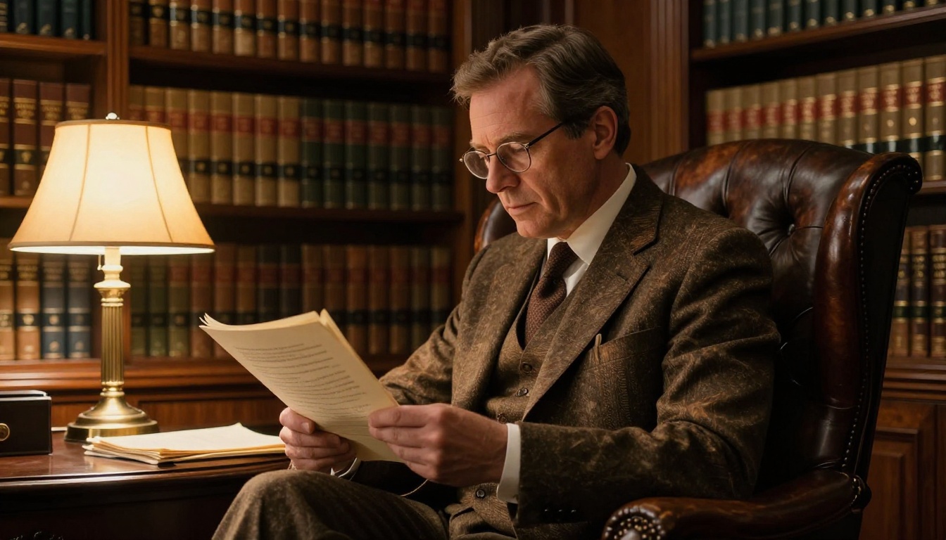 Attorney in law library reviewing legal brief under lamp
