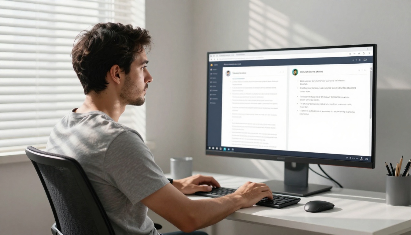 Man comparing two AI chat interfaces side by side on large monitor in sunlit office