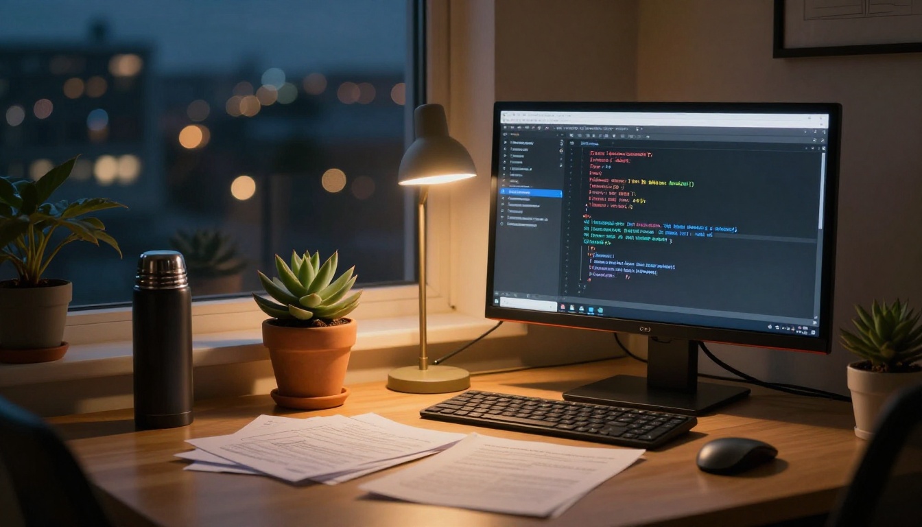Evening home office with AI code assistant visible on glowing monitor