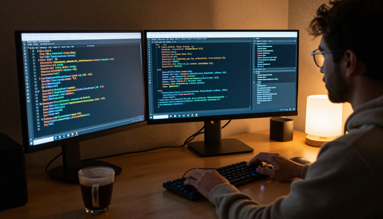 Developer working at a triple-monitor setup