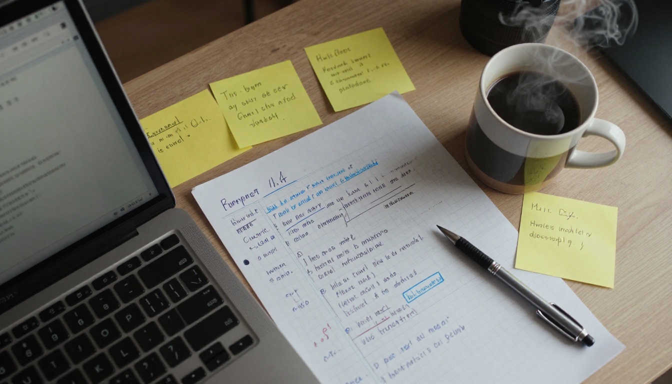 A programmer's desk covered in workflow notes, sticky notes, and a laptop running multi-agent tasks
