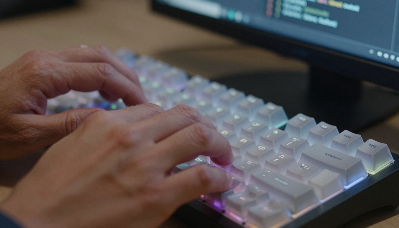 Close-up of hands typing on mechanical keyboard