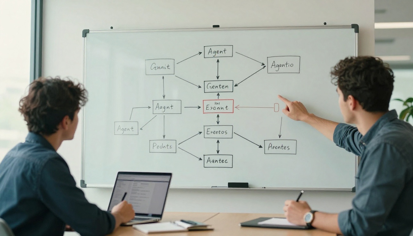 Two software engineers reviewing a whiteboard covered in agent flowchart diagrams and decision trees