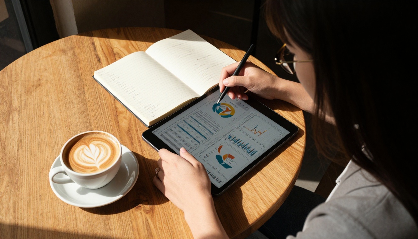 Woman studying performance data on tablet in cafe
