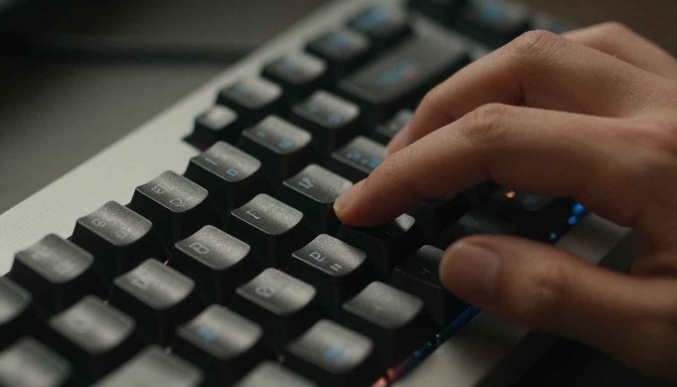 Extreme close-up of fingers typing rapidly on a mechanical keyboard with terminal reflection on keys