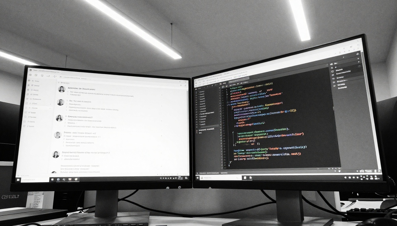 Split-screen curved monitor showing AI chat interface on left and Python code editor on right