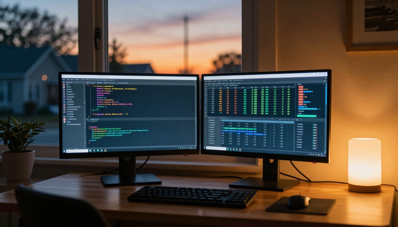 Developer's home office at dusk with dual monitors showing code and agent monitoring dashboard