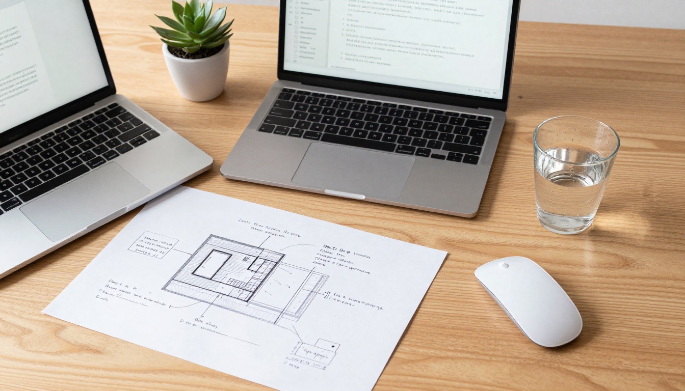 Overhead flat-lay of a tech workspace with MacBook, architecture diagram, mouse, water glass, and succulent