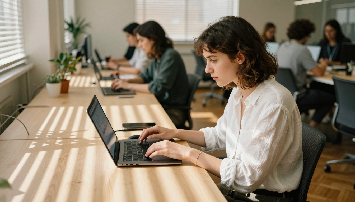 Young woman in co-working space focused on laptop running multi-step agent pipeline with sun stripes
