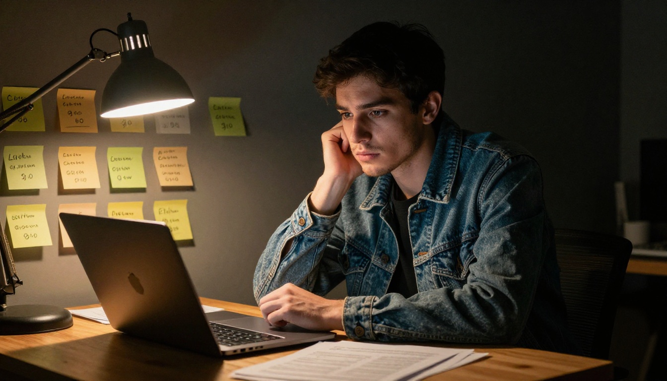 Startup founder working late at night with budget spreadsheets