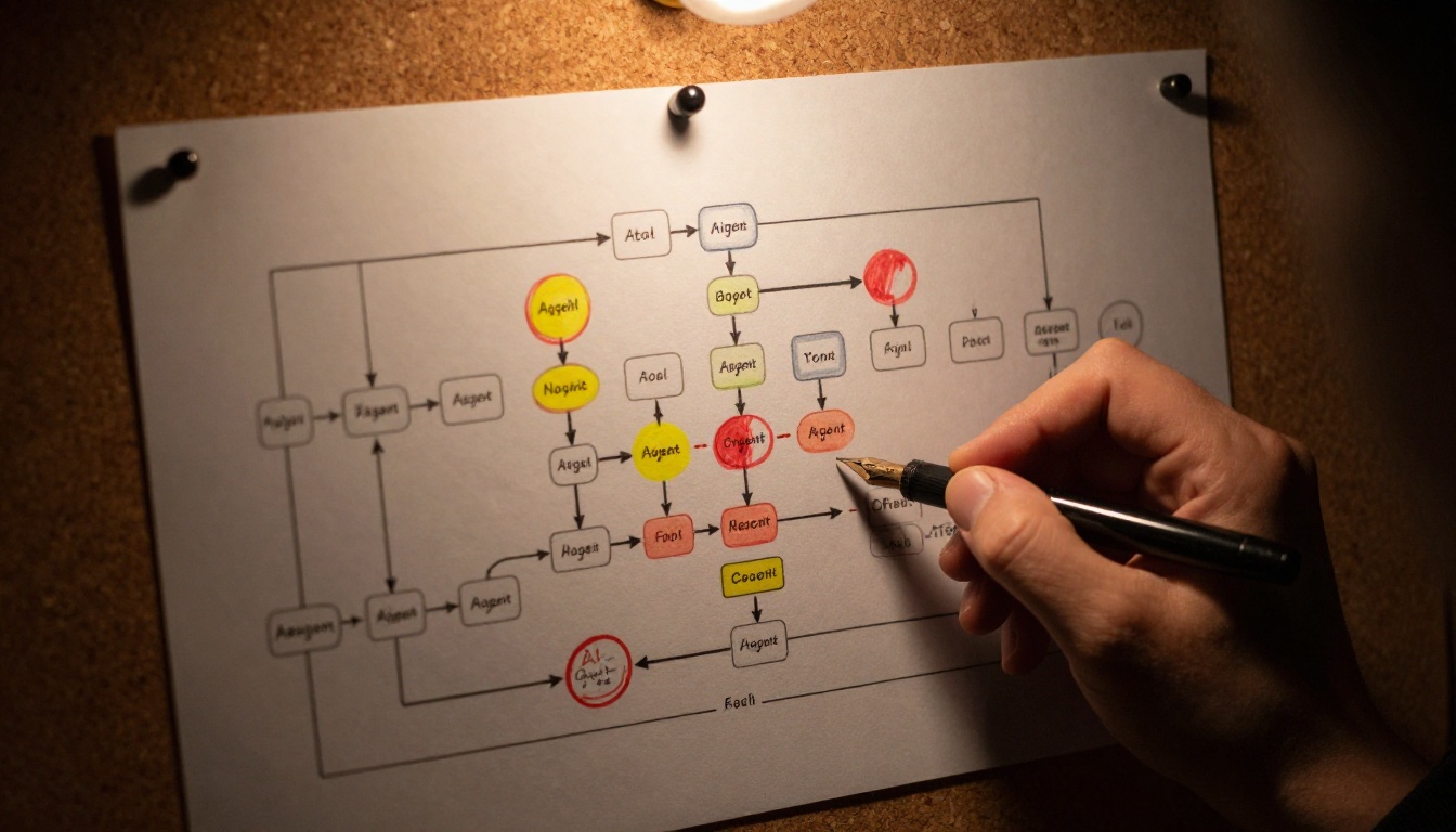 Close-up of a printed AI agent routing flowchart pinned to a cork board with red pen annotations