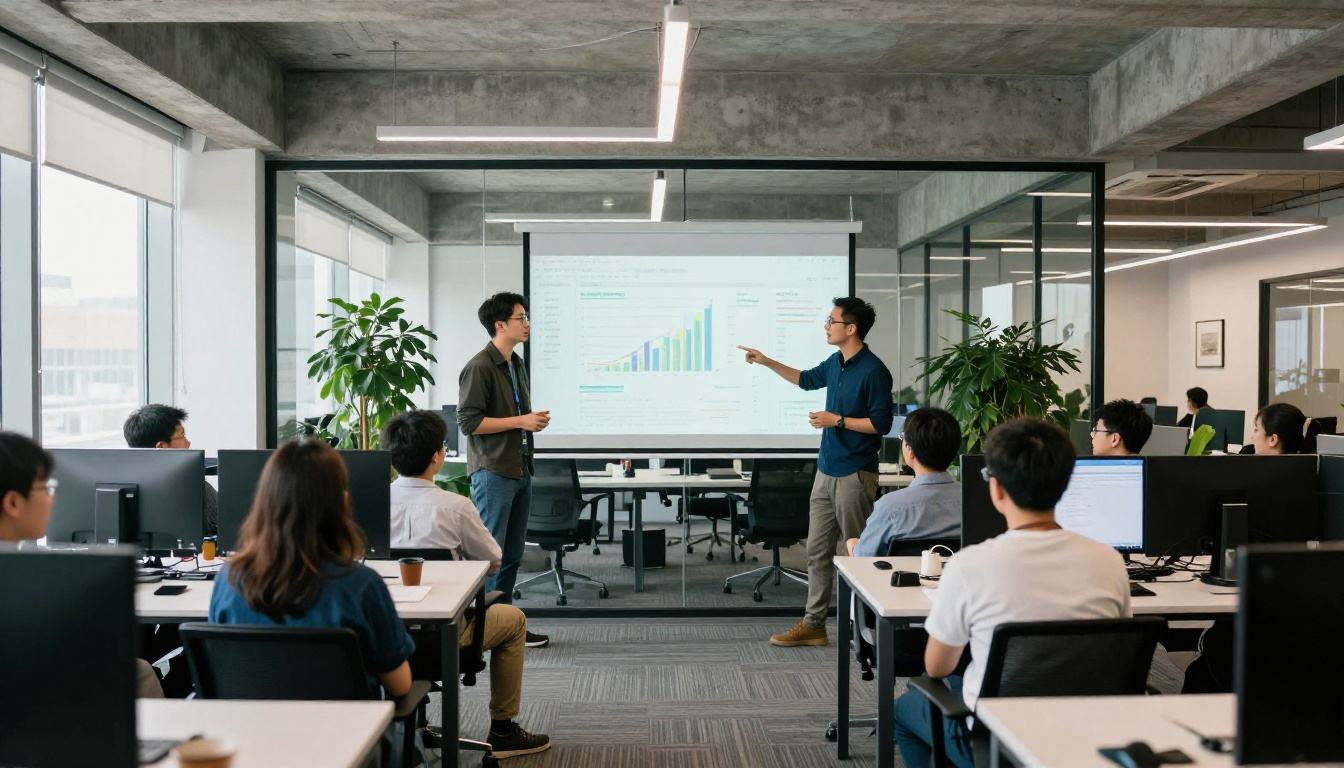 Wide-angle view of a tech team gathered around a display showing live agent performance metrics