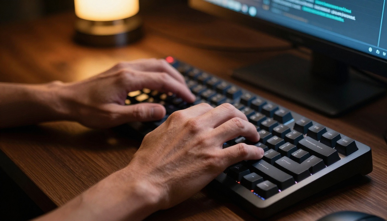 Developer hands typing on mechanical keyboard with terminal in background