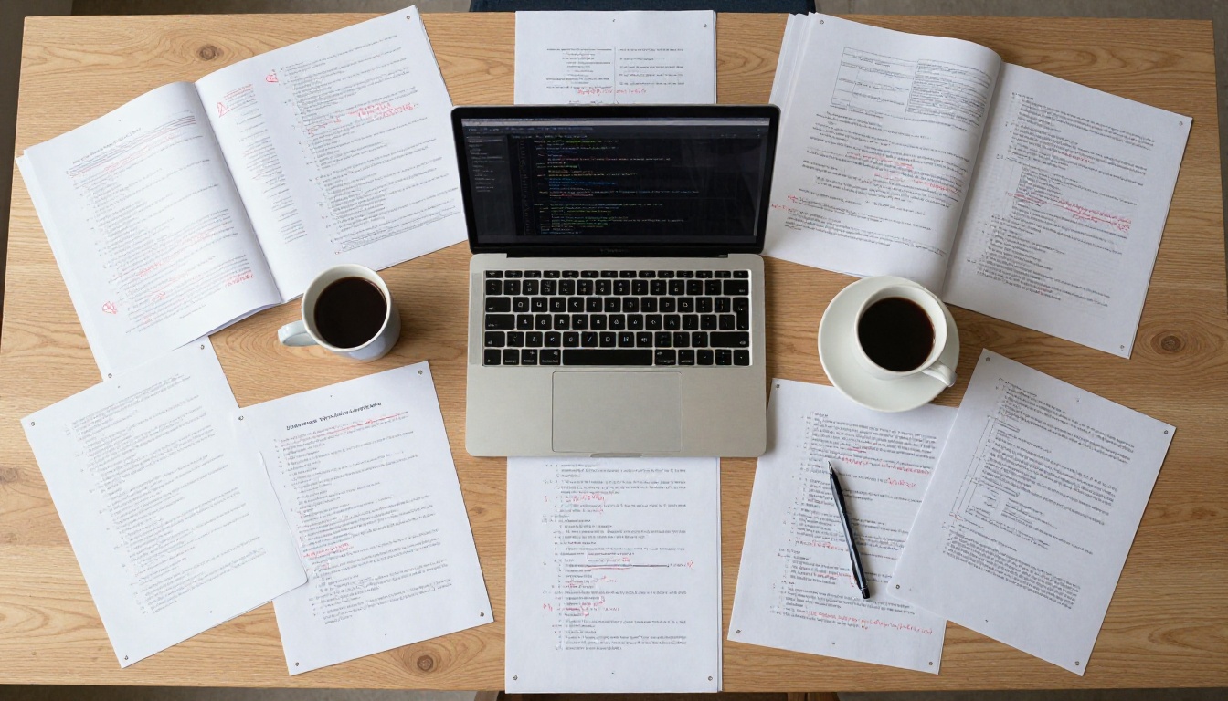 Overhead aerial view of desk covered with annotated technical documents and open laptop