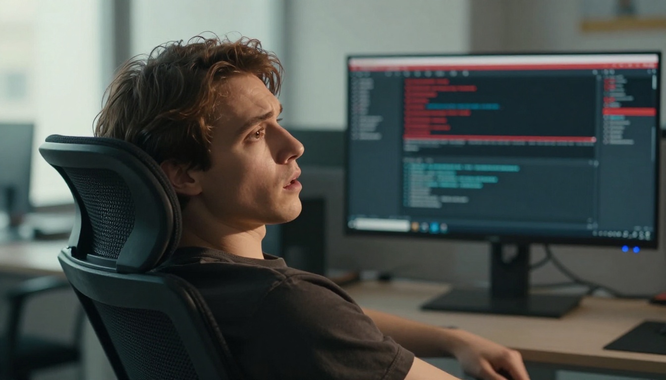 Male developer leaning back in ergonomic chair looking at error notification on monitor