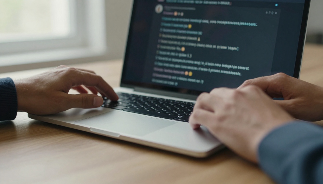 Close-up of silver laptop screen showing dark AI chat interface with developer hands on sides