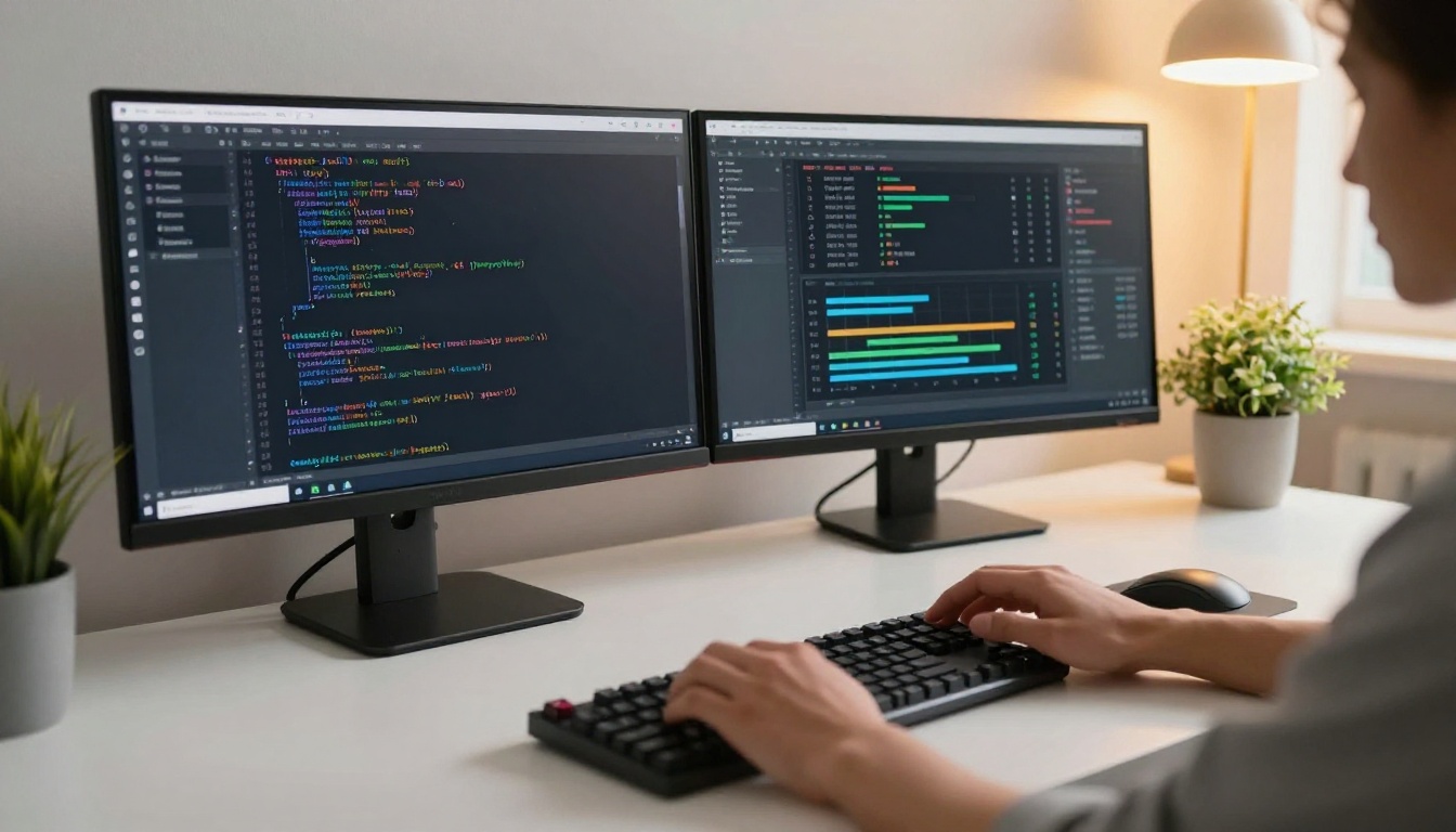 Wide dual monitor workspace with code editor and image analysis panel, hands over keyboard