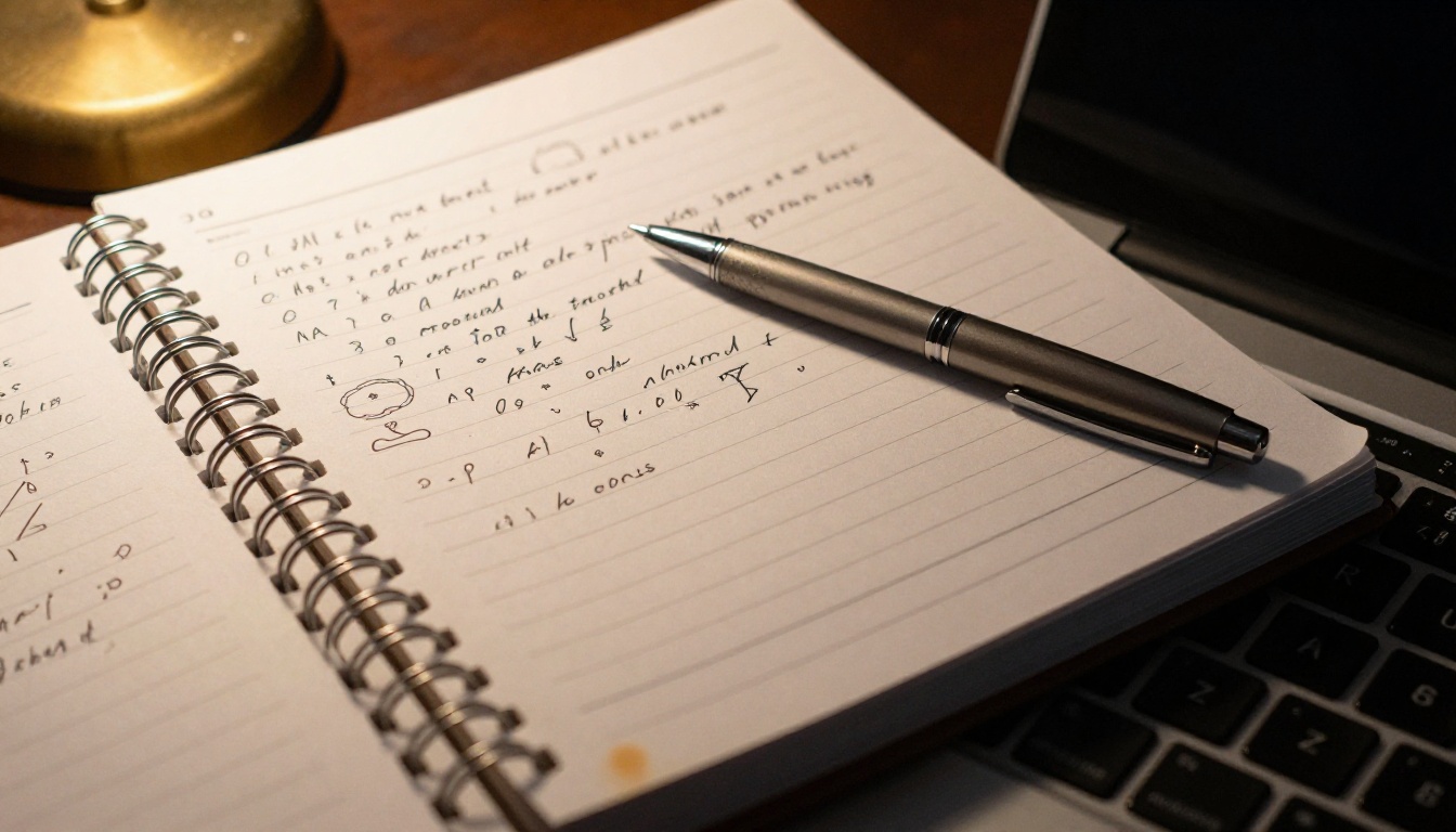 Overhead close-up of open spiral notebook with handwritten engineering notes and pen