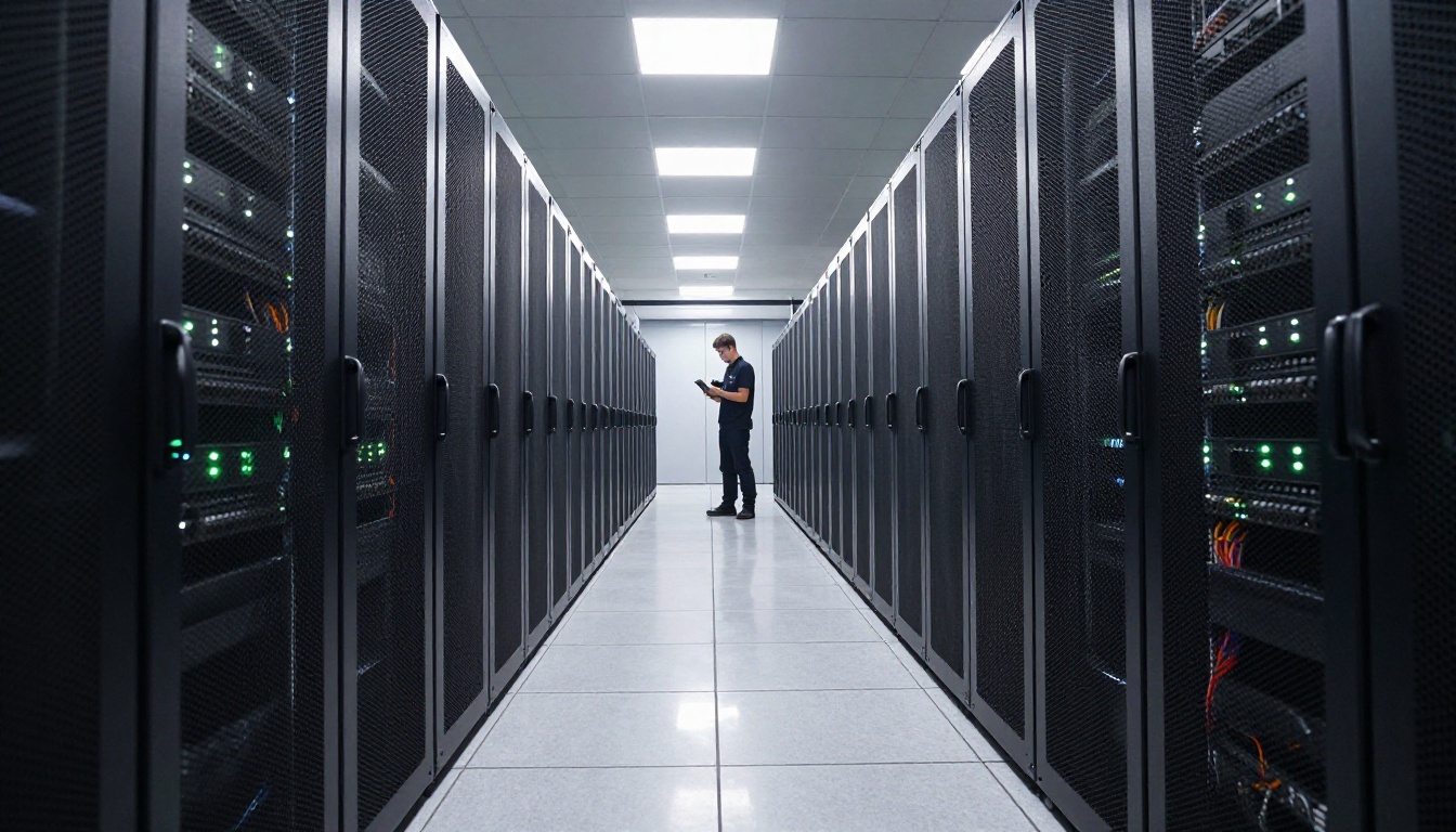 Long perspective shot down a modern enterprise data center corridor with server racks
